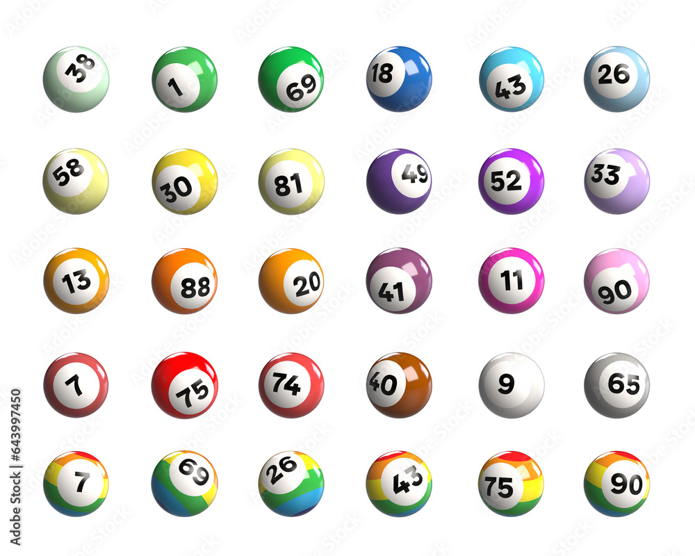 Mega set of 30 rainbow coloured bingo balls, lucky 7, isolated on white, bingo hall, colourful bingo balls with numbers Mega set of 30 rainbow coloured bingo balls, lucky 7, isolated on white, bingo hall, colourful bingo balls with numbers