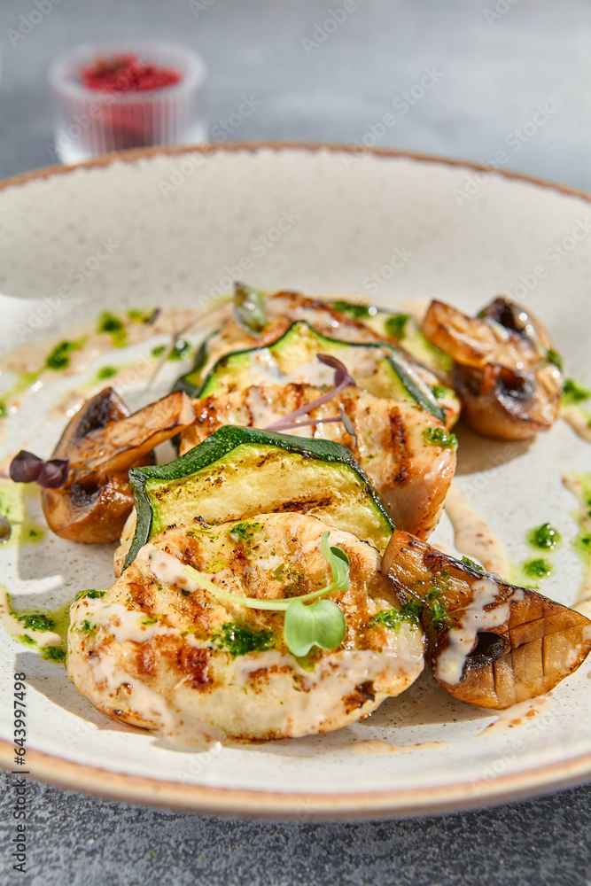 Macro side view of grilled turkey fillet steak, zucchini, and mushrooms, elegantly plated on white ceramic. A grey concrete background adds a minimalist, gourmet touch perfect for a fitness menu Macro side view of grilled turkey fillet steak, zucchini, and mushrooms, elegantly plated on white ceramic. A grey concrete background adds a minimalist, gourmet touch perfect for a fitness menu