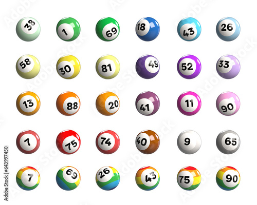 Mega set of 30 rainbow coloured bingo balls, lucky 7, isolated on white, bingo hall, colourful bingo balls with numbers