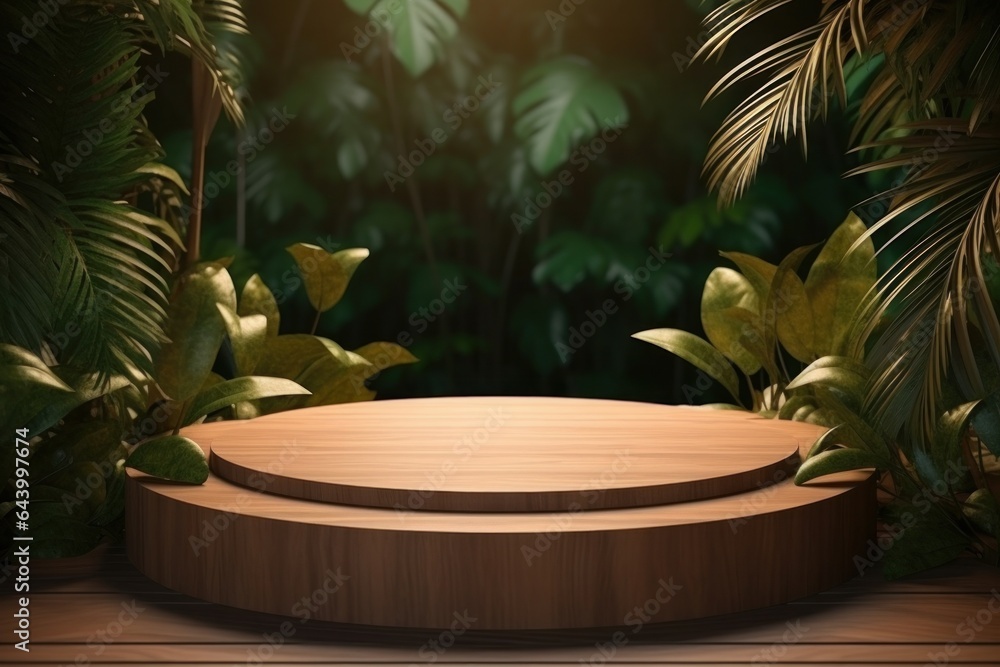 Wooden podium in tropical forest for product presentation, wooden round cylinder product stage podium Wooden podium in tropical forest for product presentation, wooden round cylinder product stage podium