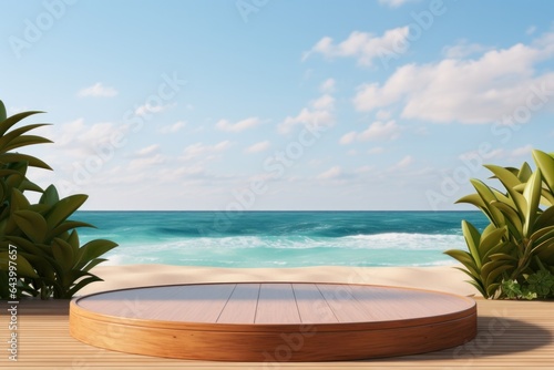 wooden podium with sea view on background.wooden round cylinder product stage podium