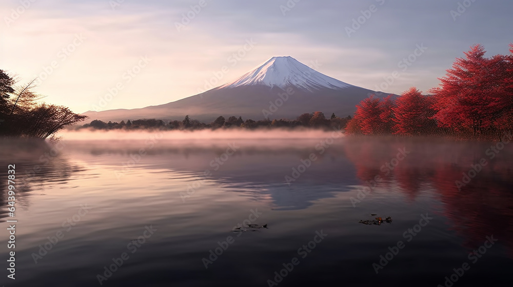 Colorful Autumn Season and Mountain Fuji with river, generative AI