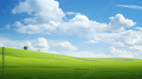landscape cartoon scene background. green field with white fluffy cloud and blue sky on summer day. generative AI © piggu