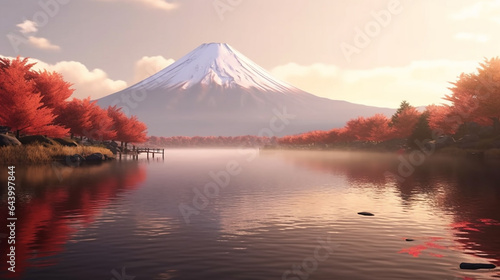 Colorful Autumn Season and Mountain Fuji with river, generative AI