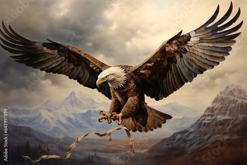 An illustration of a majestic eagle soaring through the air with its wings fully extended. Generative AI