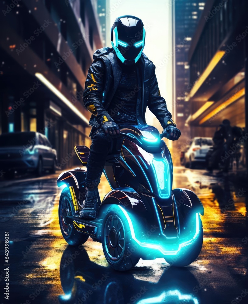 A man on a scooter of the future rides fast