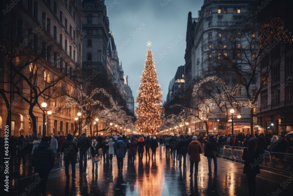 Christmas Tree In A Bustling City Square, Generative AI