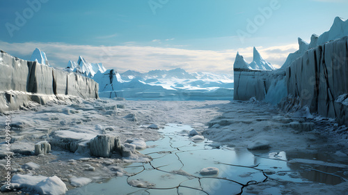 Climate change landscape, river running through a frozen landscape, mountains in the background