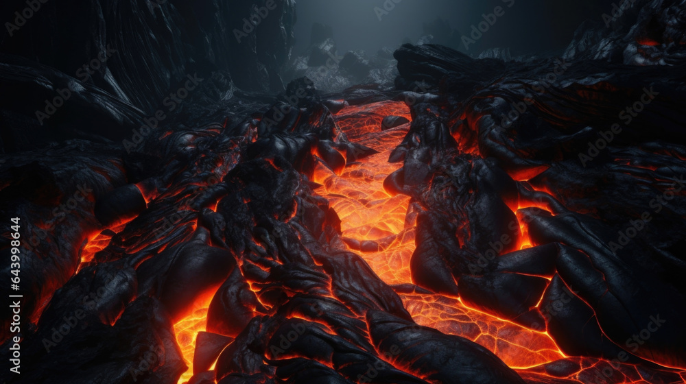 Fototapeta premium Sharp cliffs and ridges carved out of black volcanic rock illuminated by the brilliant orange and red of a closeby magma flow.