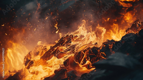 Bright flames shooting out of a rugged mountain, accompanied by a deep rumble.
