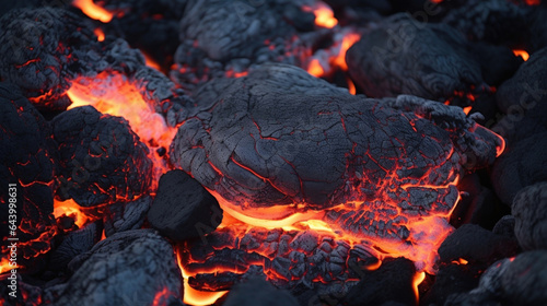 Burning embers tered a fresh black lava rock on the ground.