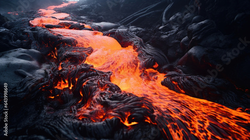 Molten rock streaming down the side of an erupting volcano in a vibrant, yelloworange river.
