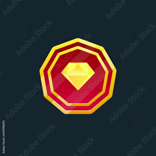 Game UI Nonagon Icon Of Gold Diamond Coin For Casino Or Slot Or Reward Badge Page Winner GUI Glossy Glamour Golden Luxury Burgundy Red Vector Design