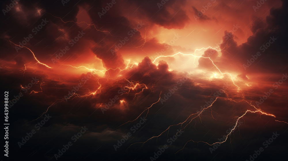 A spectacular display of red and yellow lightning in the form of spiraling lines descending from heavy cloud cover. A spectacular display of red and yellow lightning in the form of spiraling lines descending from heavy cloud cover.