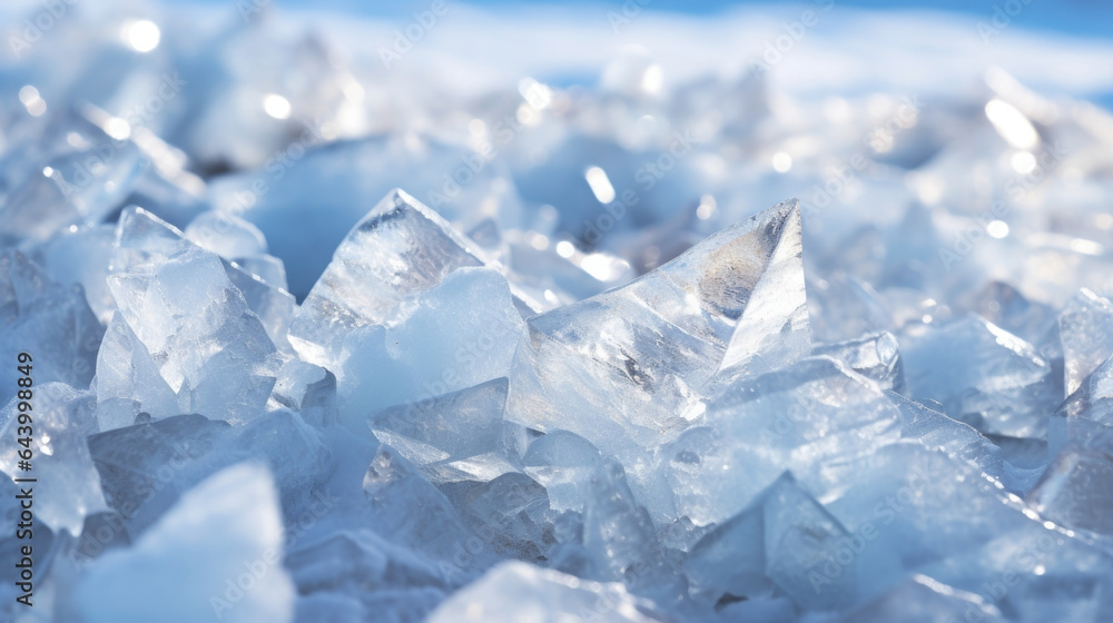Frosted chunks of ice glimmering in the sunlight during a blizzard. Frosted chunks of ice glimmering in the sunlight during a blizzard.