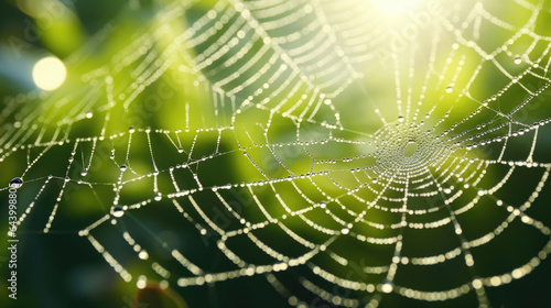 A cobweb glimmering with dew on a bright morning