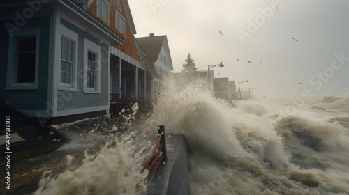 A wideangle closeup of a powerful NorEaster blowing through a coastal fishing village. photo