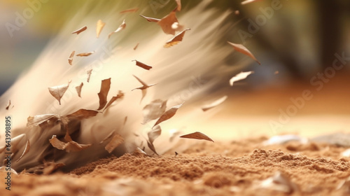 Highspeed closeup of a dust wind whirling up leaves and dirt in a harsh windstorm