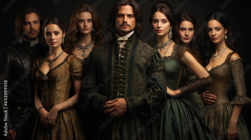 Fototapeta premium Group of young people in medieval clothes posing on dark background. Fashion shot.