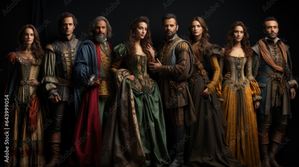 Actors people dressed in medieval clothes posing on a dark background. Actors people dressed in medieval clothes posing on a dark background.