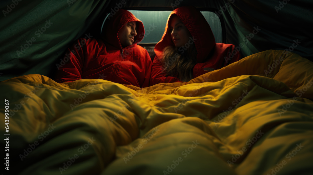 Tourists in a tent in sleeping bags, concept of tourism and recreation Tourists in a tent in sleeping bags, concept of tourism and recreation