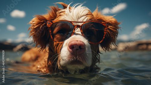 Funny fun dog in sunglasses enjoys summer in alps