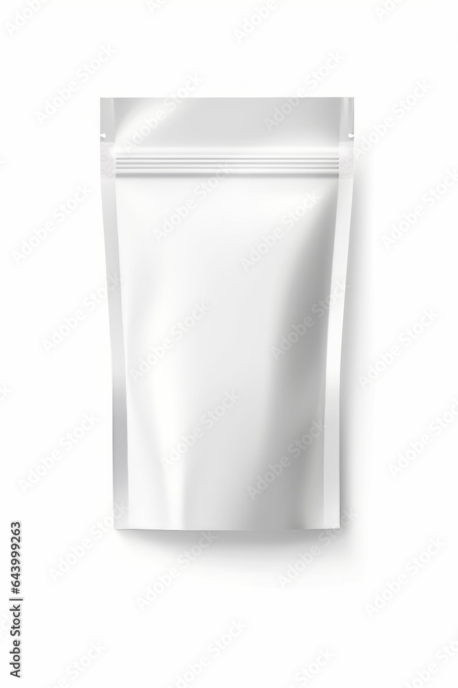 White blank foil food doy pack, pouch bag, packaging with zipper, white background. AI generated White blank foil food doy pack, pouch bag, packaging with zipper, white background. AI generated