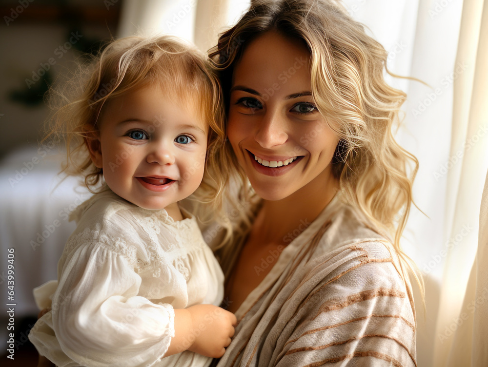 Portrait of happy mother hugging with her cute little daughter at home. Made with AI gereration