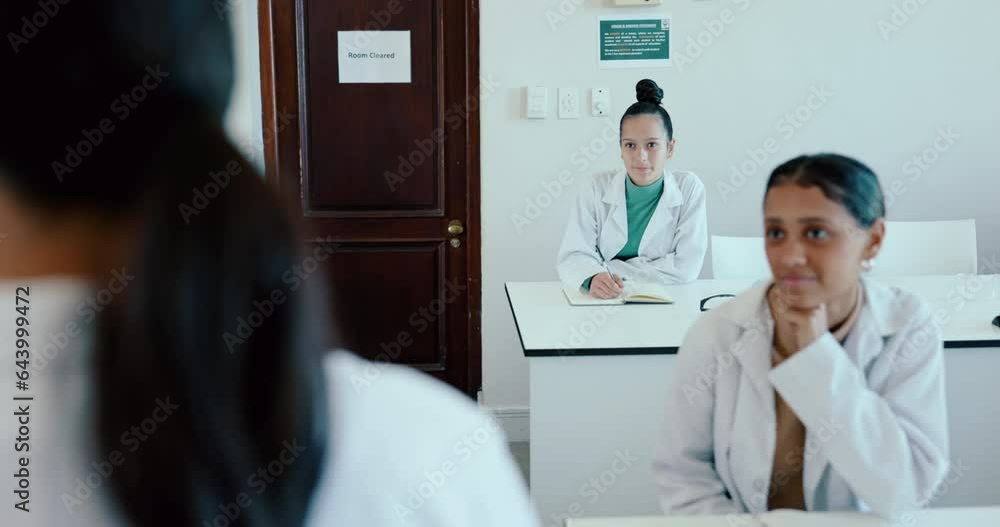 Medical, school and medicine students in a class learning at a healthcare university or college with scholarship for education. Lecture, science and women in a classroom for research and studying Medical, school and medicine students in a class learning at a healthcare university or college with scholarship for education. Lecture, science and women in a classroom for research and studying