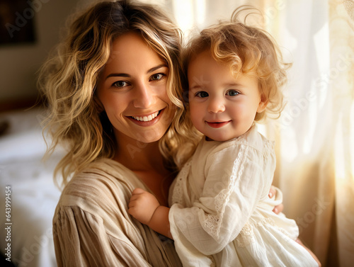 Portrait of happy mother hugging with her cute little daughter at home. Made with AI gereration