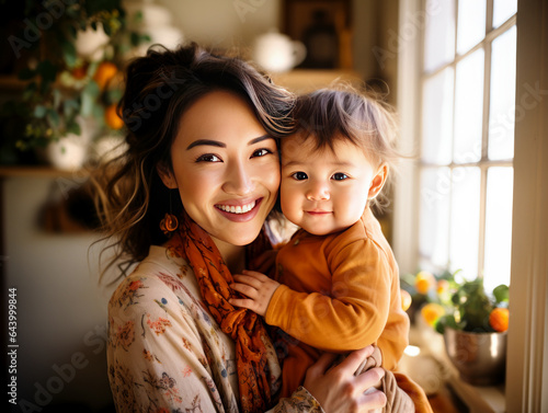 Portrait of happy japanese mother hugging with her cute little daughter at home. Made with AI gereration
