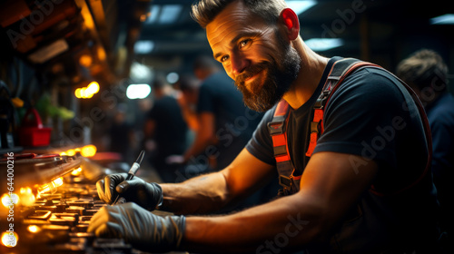 Portrait of a young beautiful car mechanic in a car workshop, in the background of service. Concept: repair of machines, fault diagnosis, repair specialist. AI generated
