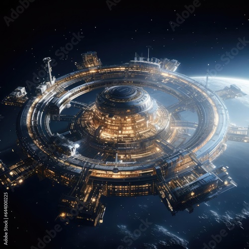 A large circular space station in space