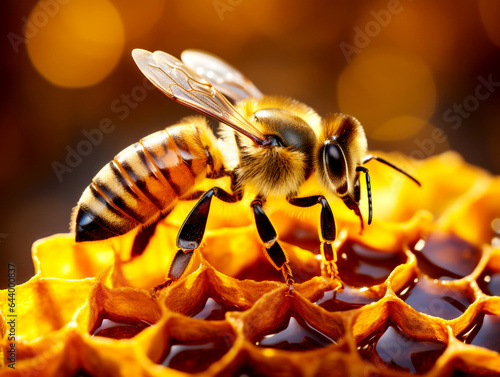 Macro photo of working bees on honeycombs. Beekeeping and honey production image. AI generated © millenius