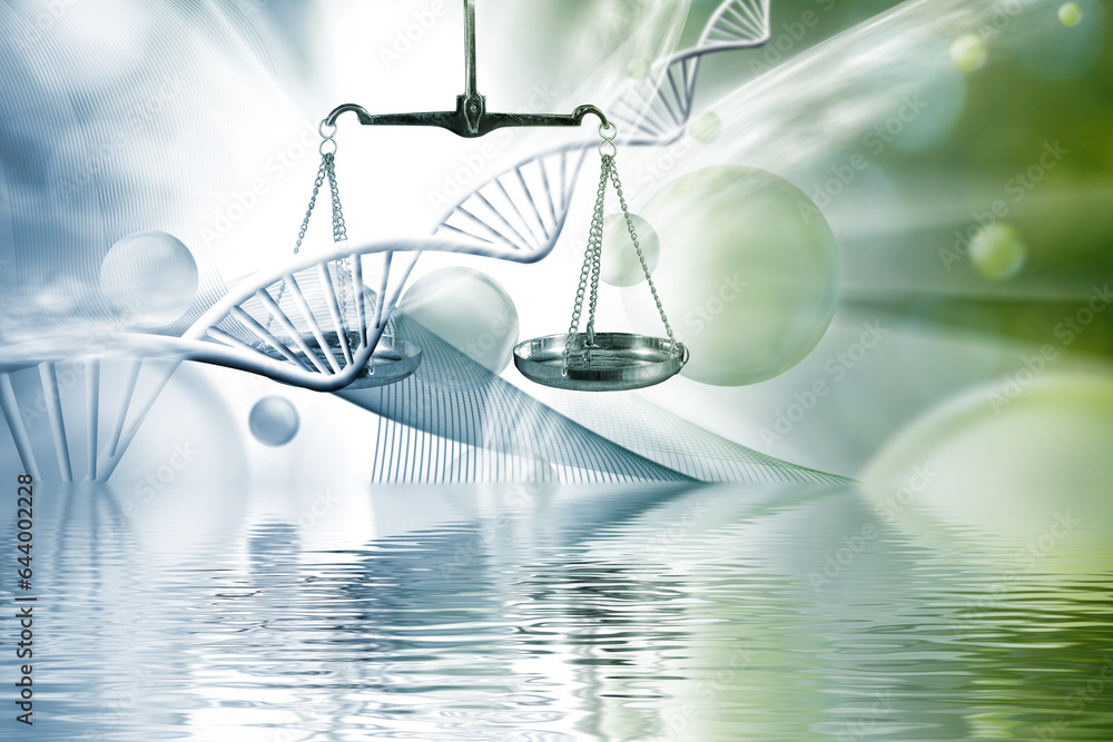 image of a scales against the background of stylized DNA chains of a blurred green space with flying abstract balls and reflection in the water surface