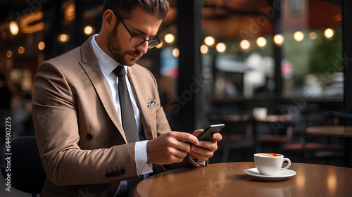 businessman with smartphone in cafe