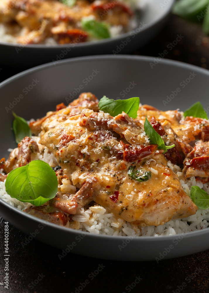 Marry Me Chicken. Creamy Garlic Sun Dried Tomato Chicken with rice. Healthy food Marry Me Chicken. Creamy Garlic Sun Dried Tomato Chicken with rice. Healthy food
