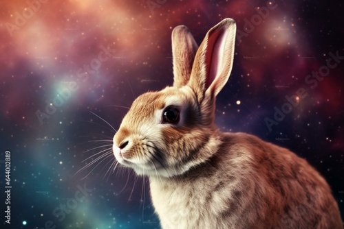 Vibrant celestial nebula with a bunny and advanced technology. Generative AI