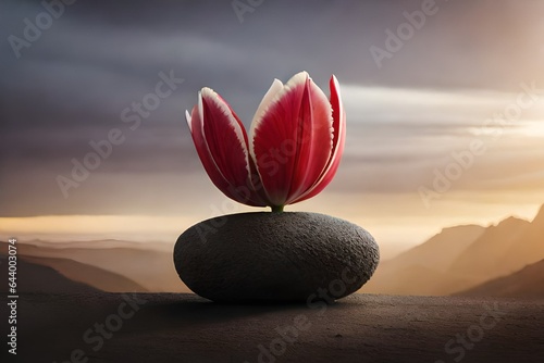 An artistic shot of a single tulip, placed in a stone vase, flowers background images