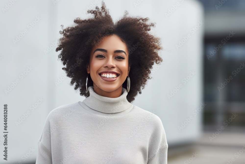 Portrait of a happy smiling modern girl of African American ethnicity with curly hair - obrazy, fototapety, plakaty 
