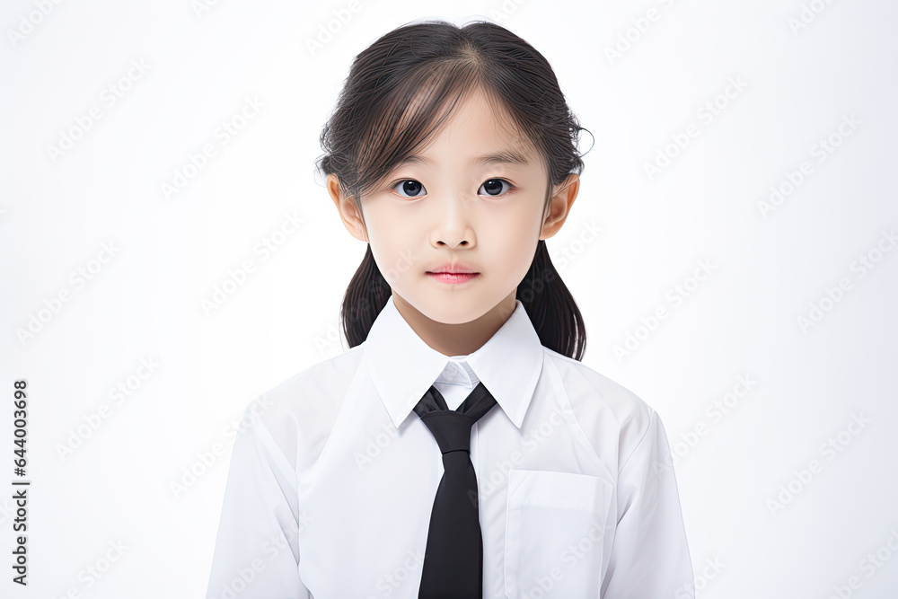 Portrait of a young girl in school uniform with a serious expression, on a white background Portrait of a young girl in school uniform with a serious expression, on a white background