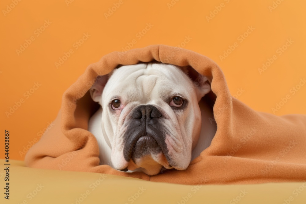 Lifestyle portrait photography of a bored bulldog digging wearing a cashmere sweater against a pastel orange background. With generative AI technology