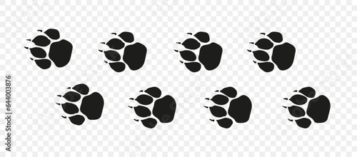 Tiger or lion paw footprint way. Lion paws walking randomly print vector isolated on white background. Vector animal steps in black color.