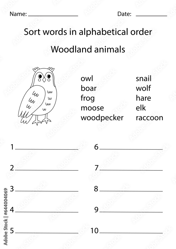 Put words into alphabetical order. Black and white worksheet for