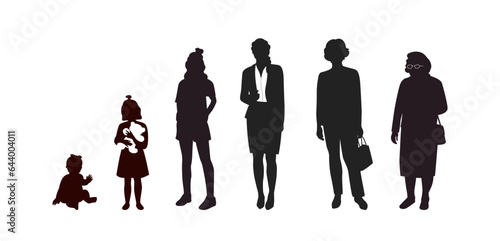 Woman of different ages in silhouettes. Life cycle. Human growth concept vector illustration.