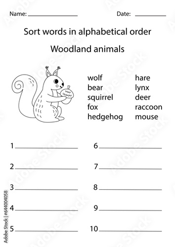 Put words into alphabetical order. Black and white worksheet for preschool kids.
