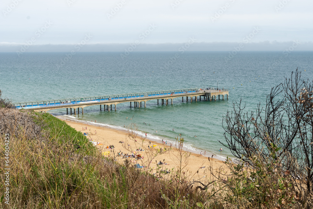 Boscombe, UK - August 11th 2023: View from the clifftop of Boscombe beach and pier.