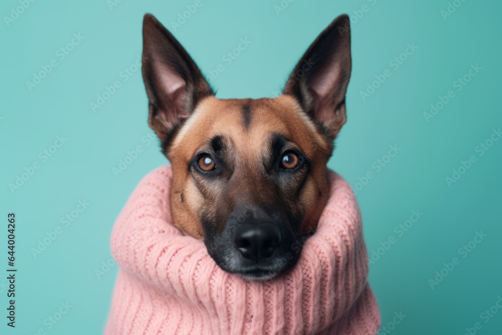 Obraz premium Medium shot portrait photography of a smiling belgian malinois dog hiding wearing a warm scarf against a pastel teal background. With generative AI technology
