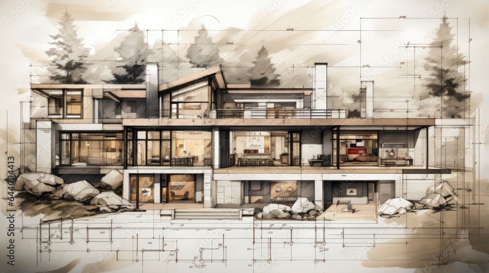 Architectural plans and draft sketches. Draft visualization of architectural plans. Architectural plans and draft sketches. Draft visualization of architectural plans.