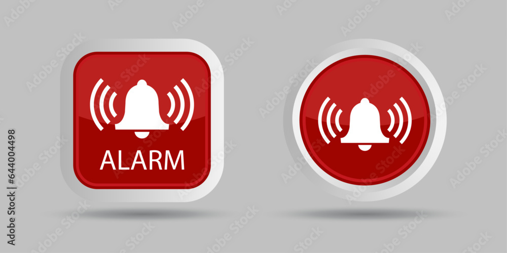 Alarm icon on red background. Red notification alarm and bell icon for incoming inbox messages. Ringing bell and notification button for alarm and application alert. Vector. Alarm icon on red background. Red notification alarm and bell icon for incoming inbox messages. Ringing bell and notification button for alarm and application alert. Vector.